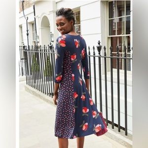 Boden Alannah Jersey Dress 3/4 Sleeve Midi Navy Red Pink Floral Print Size 8L